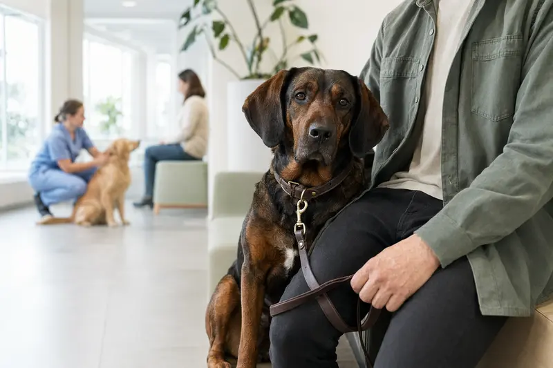 Bayerischer Gebirgsschweißhund sitzt ruhig neben seinem Besitzer im hellen Wartezimmer einer modernen Tierarztpraxis.